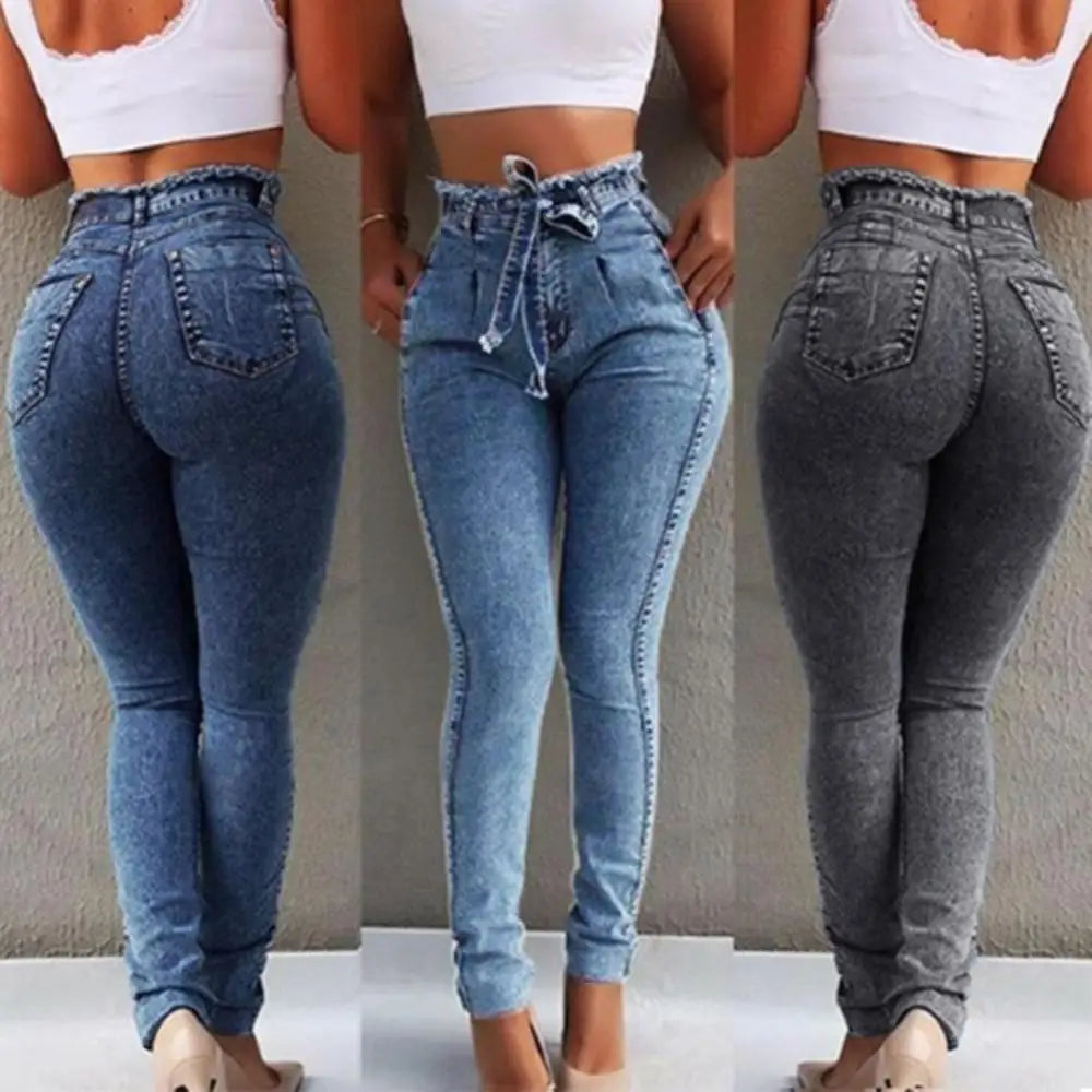 Jia Slim Tassel Waistband Stretch Denim Long Pencil Pants Jeans