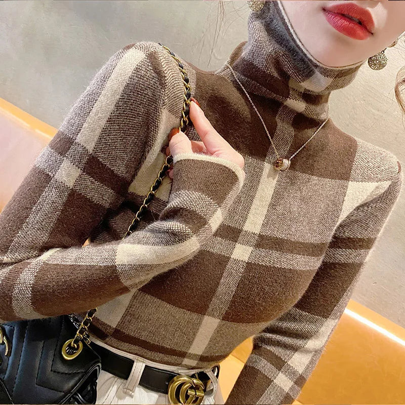 Kyli's Basic Soft Elastic Slim Turtleneck Wool Knitted Sweaters (Vintage Plaid)