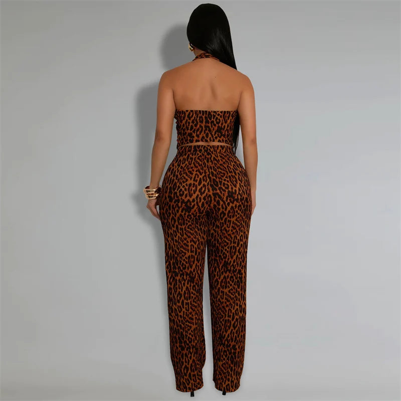 Leopard Backless Button Crop Top and Pants Matching Sets