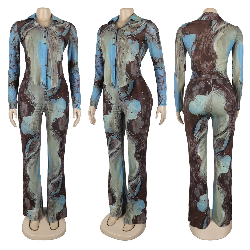 Tie Dye Long Sleeve Lace-up Shirts + Flared Pants Sets