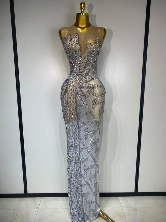 Luxury Rhinestone Sleeveless Silver Maxi Dresses (See Through)