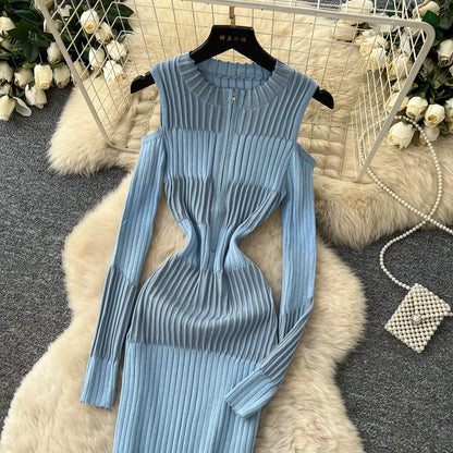 Cold Shoulder Long Sleeve Ribbed Knit Bodycon Midi Dress Elegant Fall Winter