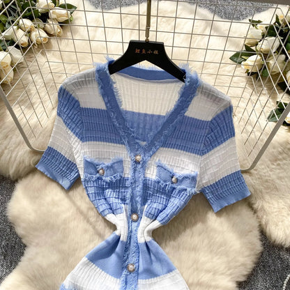 Chic Knitted Slim Waist Office Lady Sweater Maxi Dresses