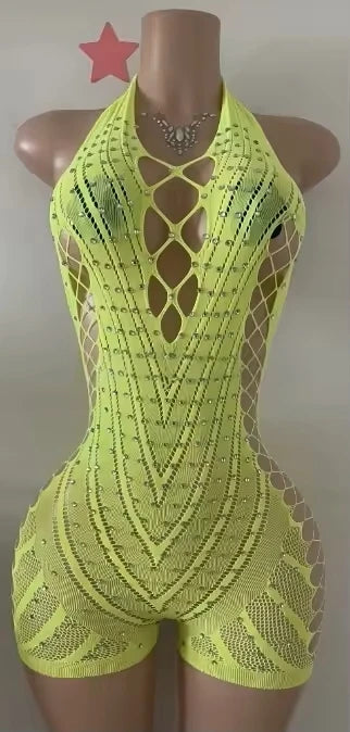 Hollow-out Rhinestone Patchwork Bodycon Halter Sleeveless Backless Lingerie