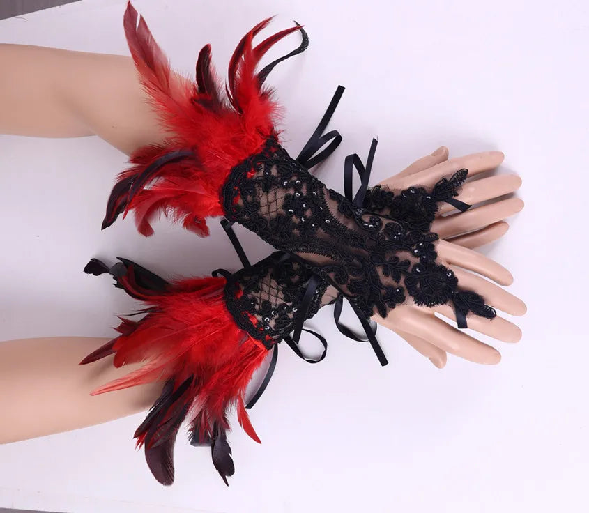 Daniella Feather Cosplay Lace Wrist Gloves (Furry Accessories)