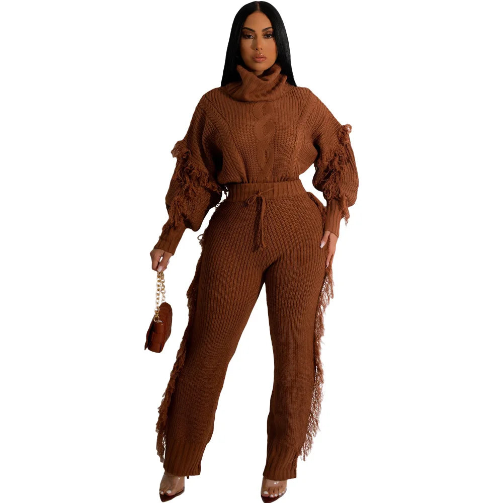 Ty'Anna Knitted Long Sleeve Pullover Top + Sweater Pant Set(Suit)