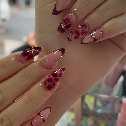 24pcs Women'S Nail Set Burgundy Almond Shape Medium Length Solid Color with Floral Golden Dust Design Fake Nails for Women/Girls