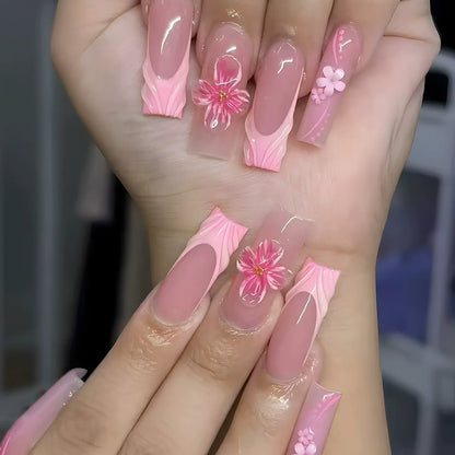 24Pcs Long Ballet False Nails Pink Butterfly with Rhinestones French Design Wearable Fake Nails Glitter Press on Nails Tips Art