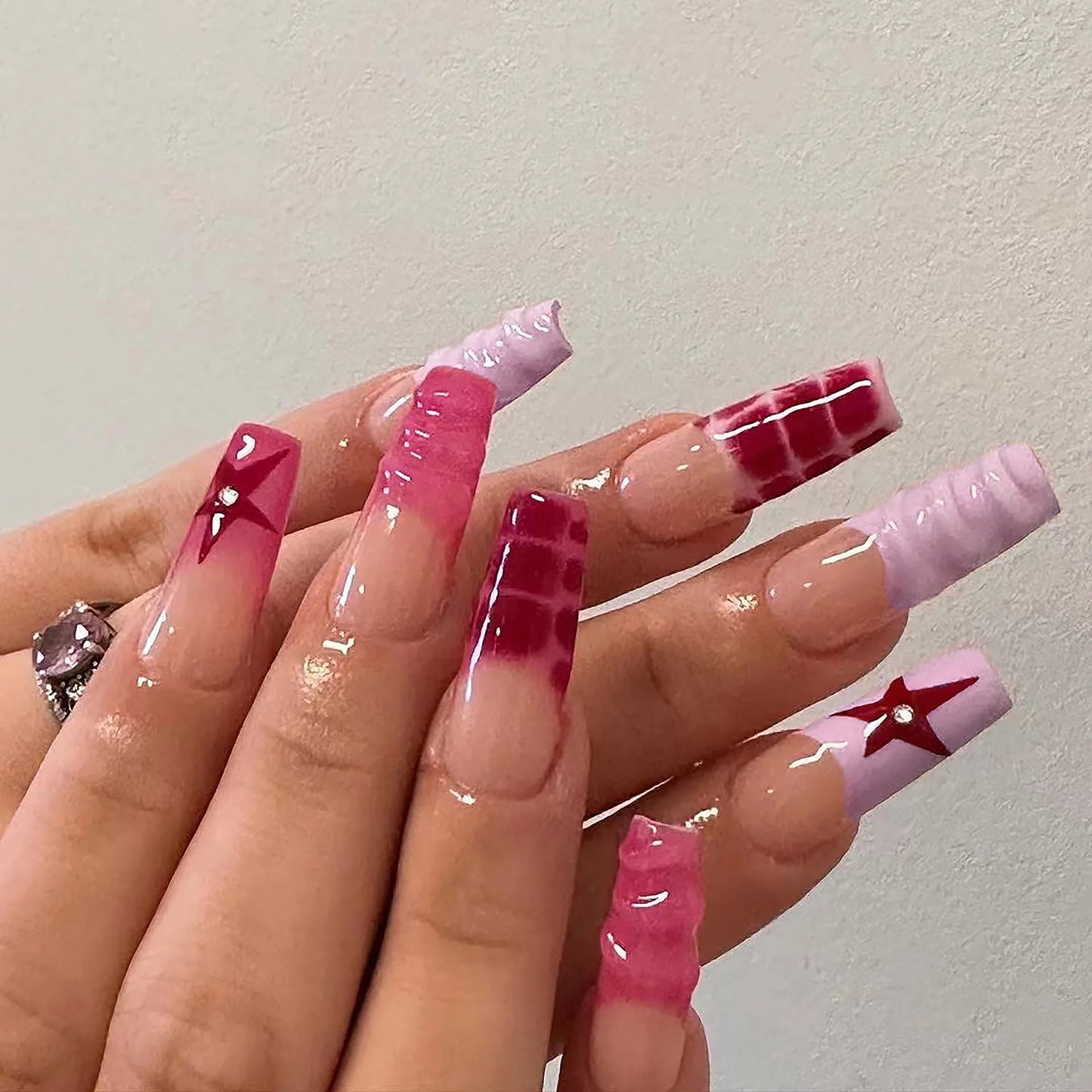 24Pcs Pink Butterfly Design False Nails Extra Long Coffin Fake Nails Wearable French Ballet Press on Nails Full Cover Nail Tips