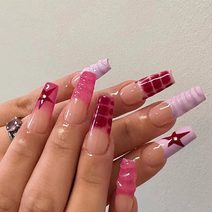 24Pcs Pink Butterfly Design False Nails Extra Long Coffin Fake Nails Wearable French Ballet Press on Nails Full Cover Nail Tips