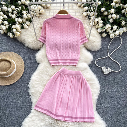 Newest Knitting Two Pieces Sets Button Vintage Basic Tops + High Waist Pleated Skirt Women Fashion 2pcs Suits