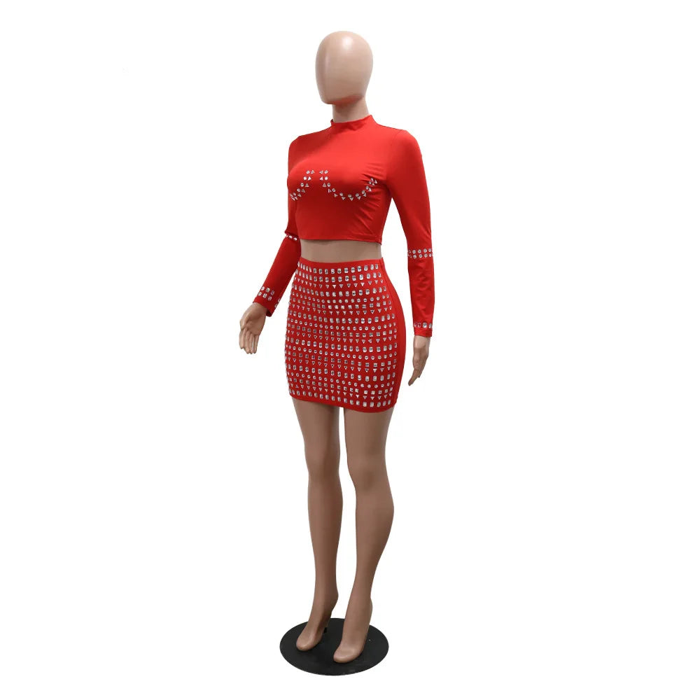 Kizzy Long Sleeve Rhinestone Top and High Waist Mini Skirt (2pcs Set)