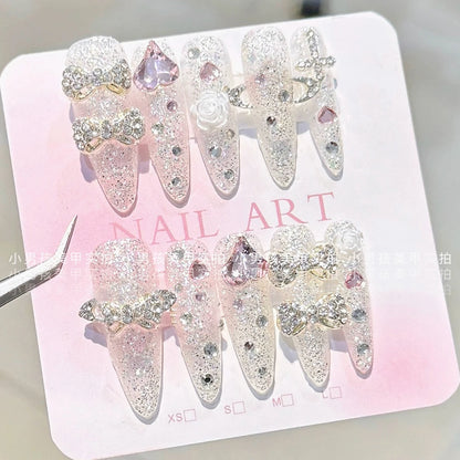 10Pcs Luxury Court Handmade Long Stiletto Full Cover Nails 3D Spice Girl Sparkling Diamond Bow Pearl Flowers Wearable Fake Nails
