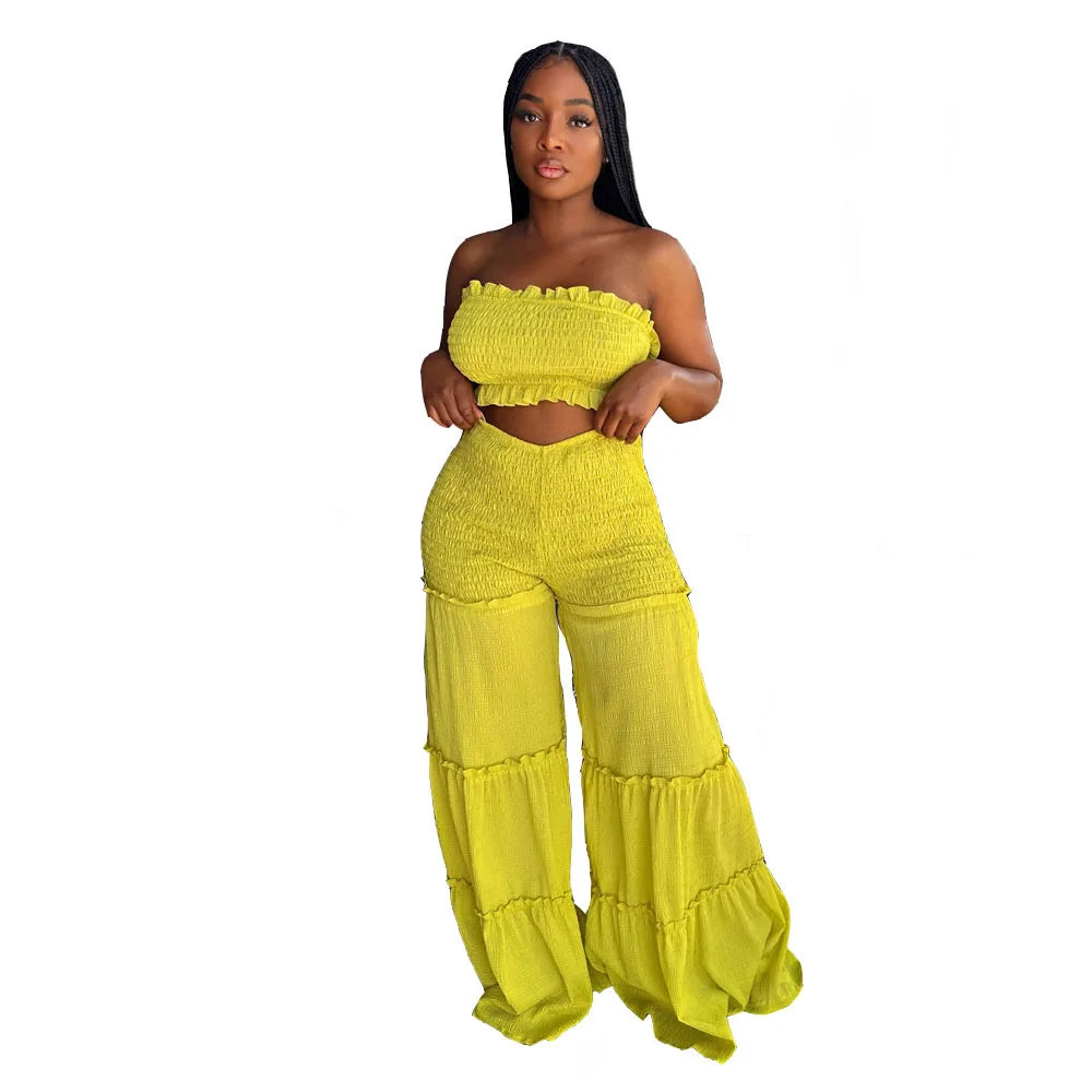 2pc Boho Ruffled Strapless Crop Tube Top + Wide Leg Pants Suit