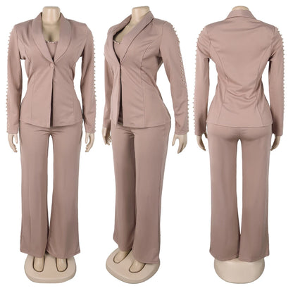 Elegant Long Sleeve Blazer Office Wear Ladies 3 Piece Pant Suit