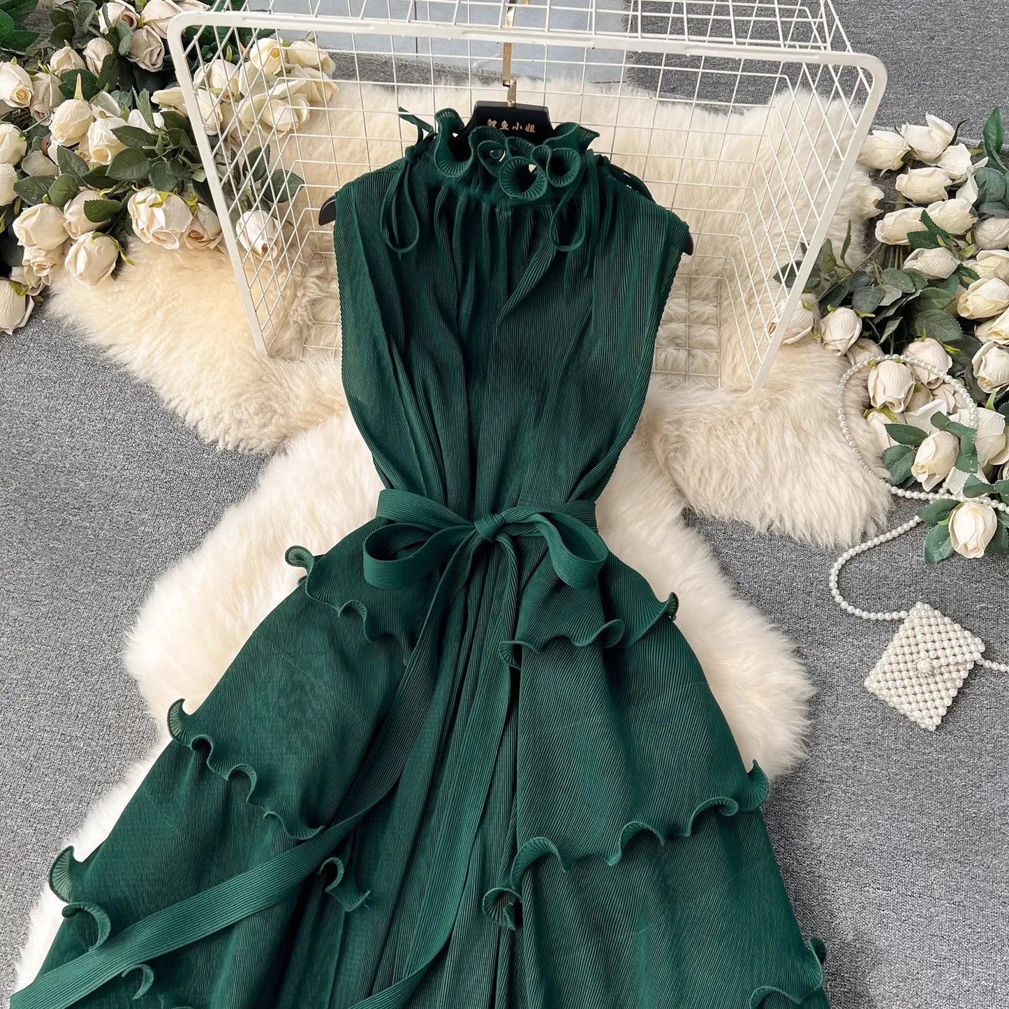 Stand Collar Lace Up Ruffles Boho Dresses