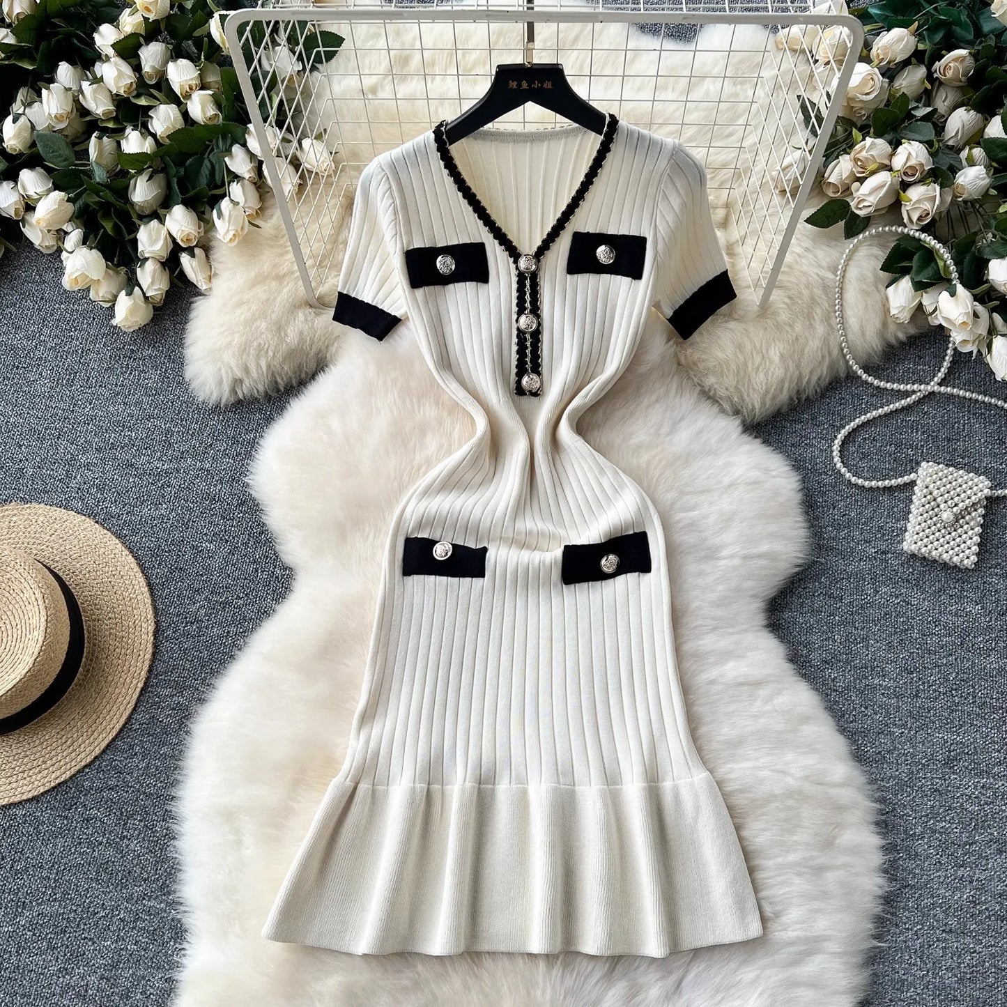 Mermaid V-neck Button Ribbed Knitted Dresses