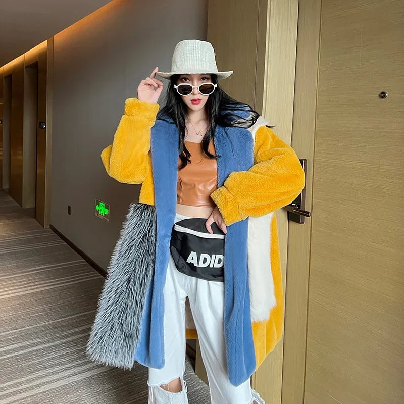 Winter Faux Fur Jackets for Women Furry Warm Splicing Contrast Color Blue Faux Fur Coat Long Jacket Cardigan Women