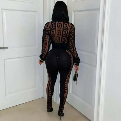 See Through Long Sleeves Crop Top + Skinny Pants Suits