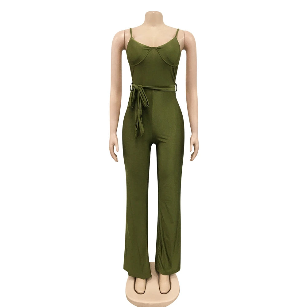 Rachel High Waisted Wide Leg Pants One Piece Sleeveless Jumpsuit with Belt