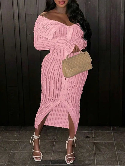 Pink Textured Off-Shoulder Knit Dresses with Front Split