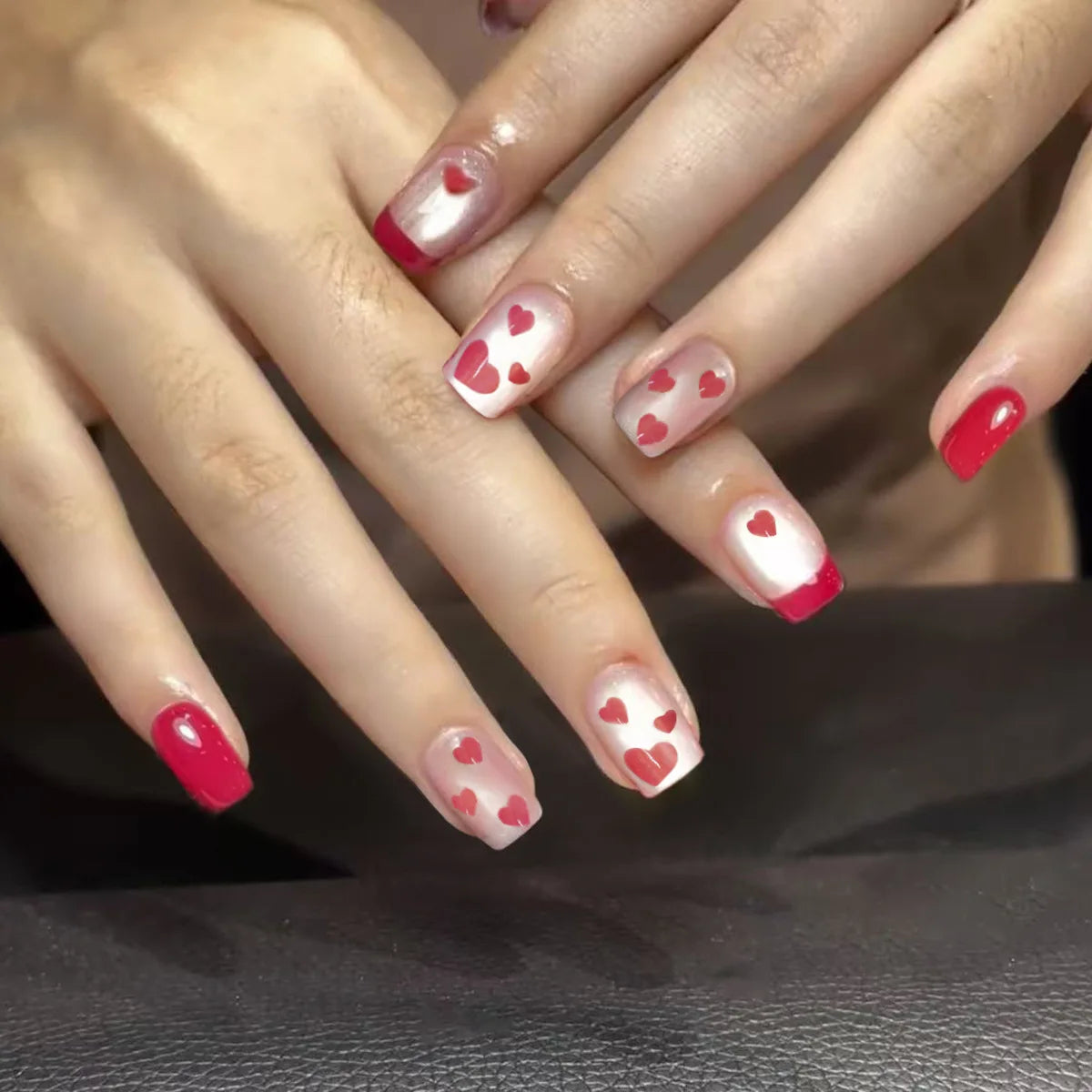 24Pcs Nude Color Fake Nails Short Square Head Press on Nails White Heart Printed Valentine's Day Full Cover False Nails Tips