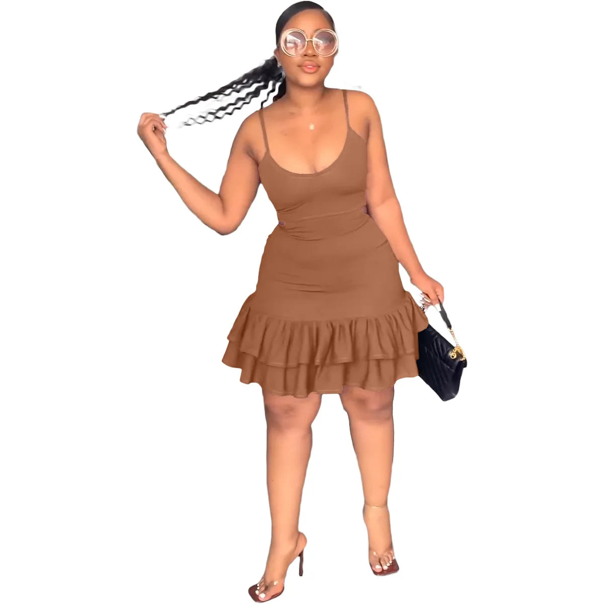European and American Fashion Sling Low-cut Ruffled Mini Dress
