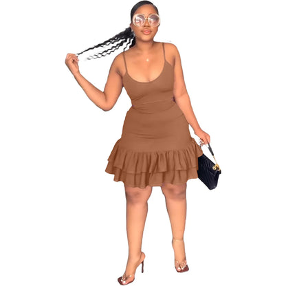 European and American Fashion Sling Low-cut Ruffled Mini Dress