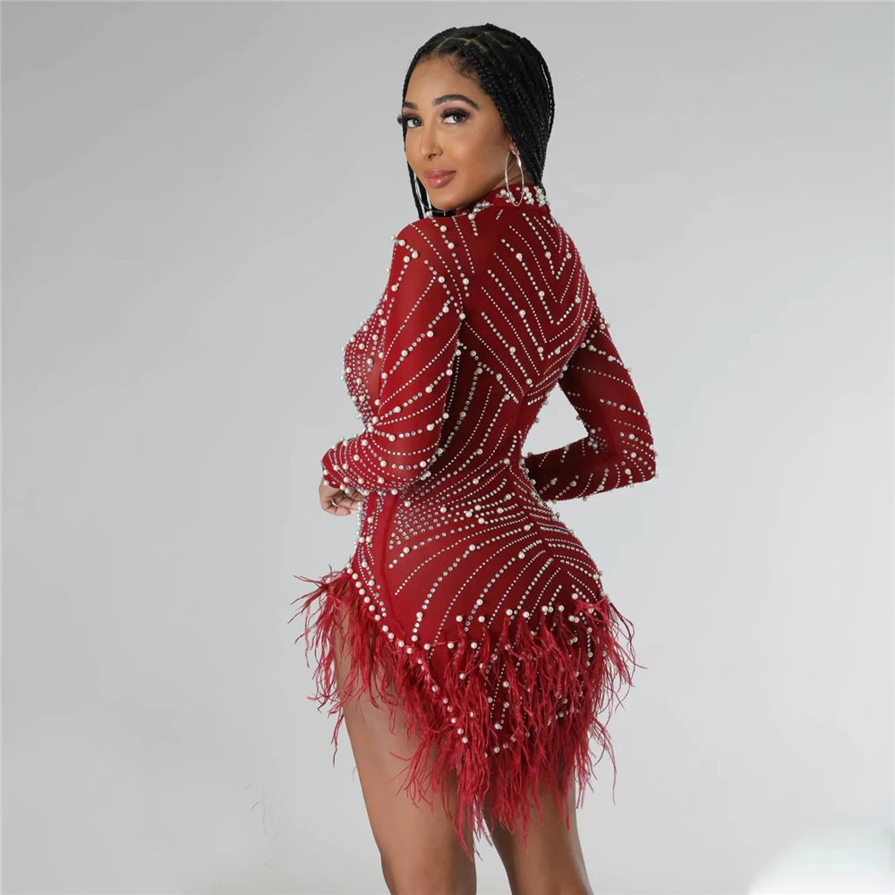 iDress Sexy Pearls Rhinestone Party Dresses Women Elegant Nightclub Feather Birthday Dress Long Sleeve Mesh Sheer Bodycon Dress