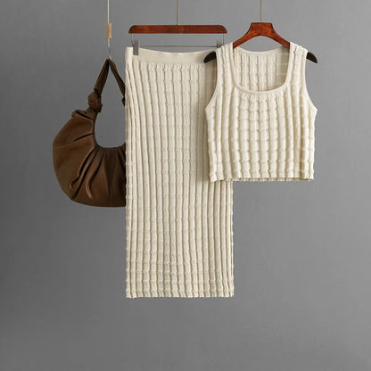 Knit Long Skirts + Straight Casual Spliced Round Neck Vest Sleeveless Tanks Sets