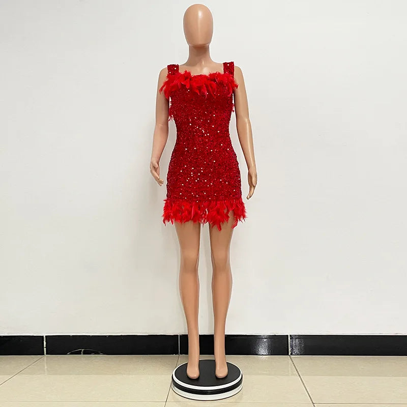 Short Sequins Halter Feathers Spicy Dresses