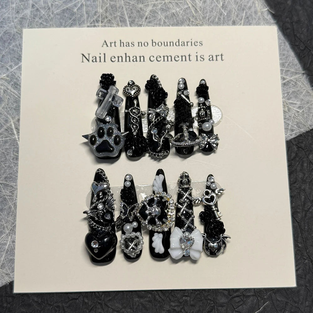 3D Handmade Long Coffin Stiletto Fake Nail Flowers Cat's Heart Diamond Metal Bow
