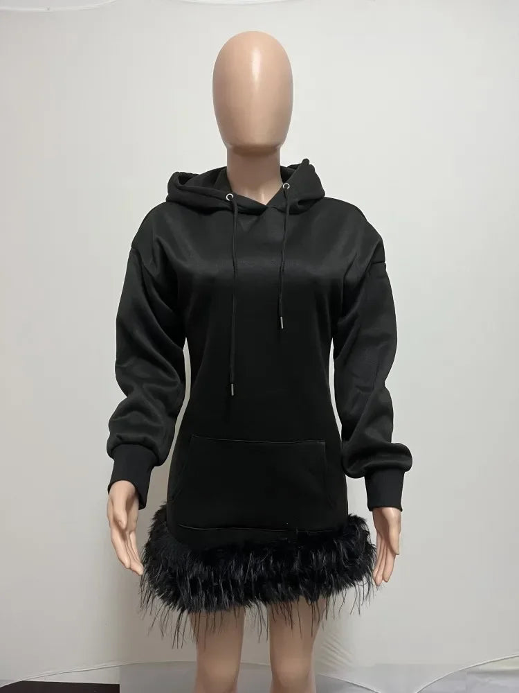 Fur Hem Hooded Sweatshirt Style Midi Dresses