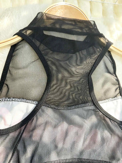 New Sexy Letter Print Club Party Mesh Bodysuit Top Slim Fit Y2K Hot Girl
