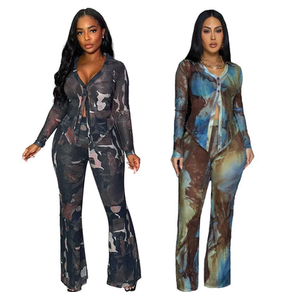 Tie Dye Long Sleeve Lace-up Shirts + Flared Pants Sets