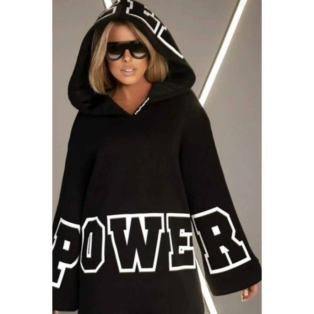 Kemi Black Letter Print Hoodie Knitted Sweatshirt Long Sleeve Mini Dress