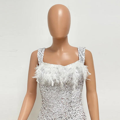 Short Sequins Halter Feathers Spicy Dresses