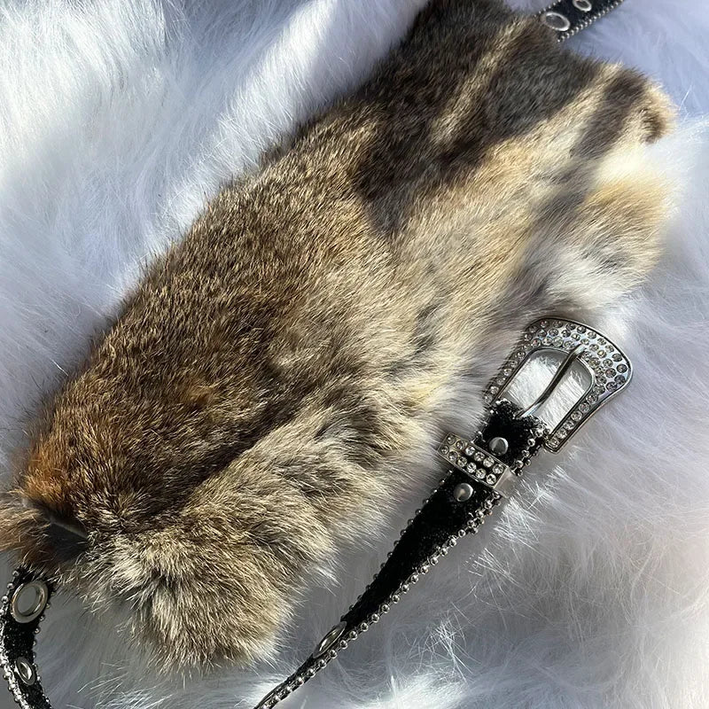 Riri Retro Rabbit Fur Belt Y2K Metal Bead Chain Plush Waist Faux Fur Vintage Waistband Punk Belt