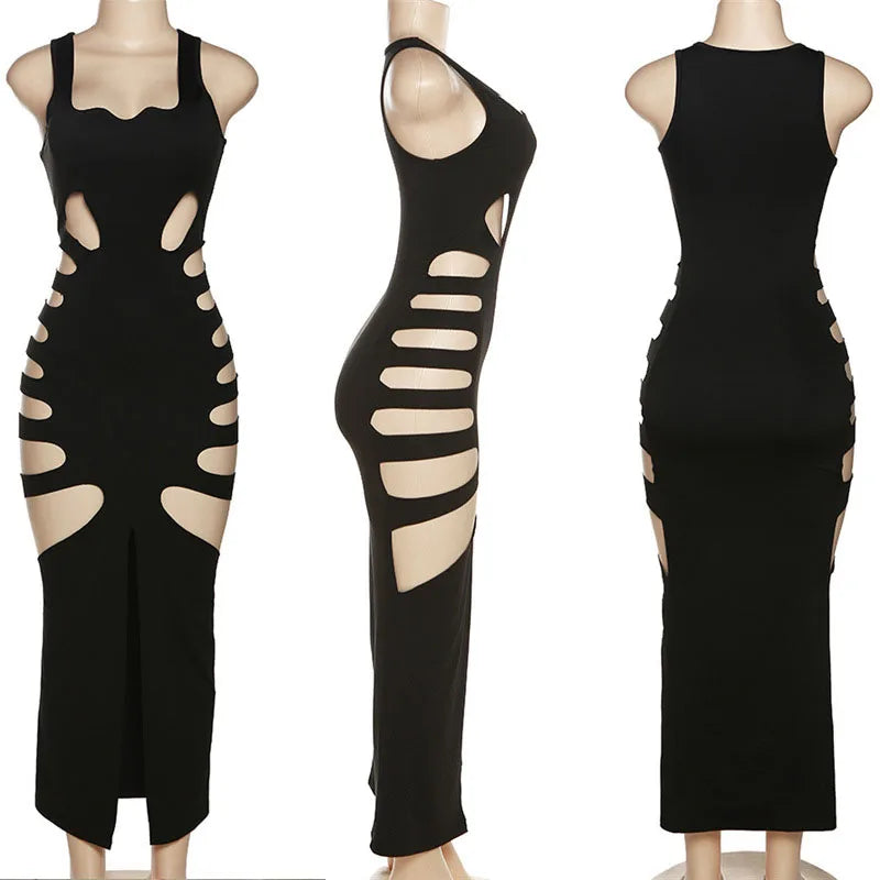 Black Hollow Out Bodycon Maxi Dresses