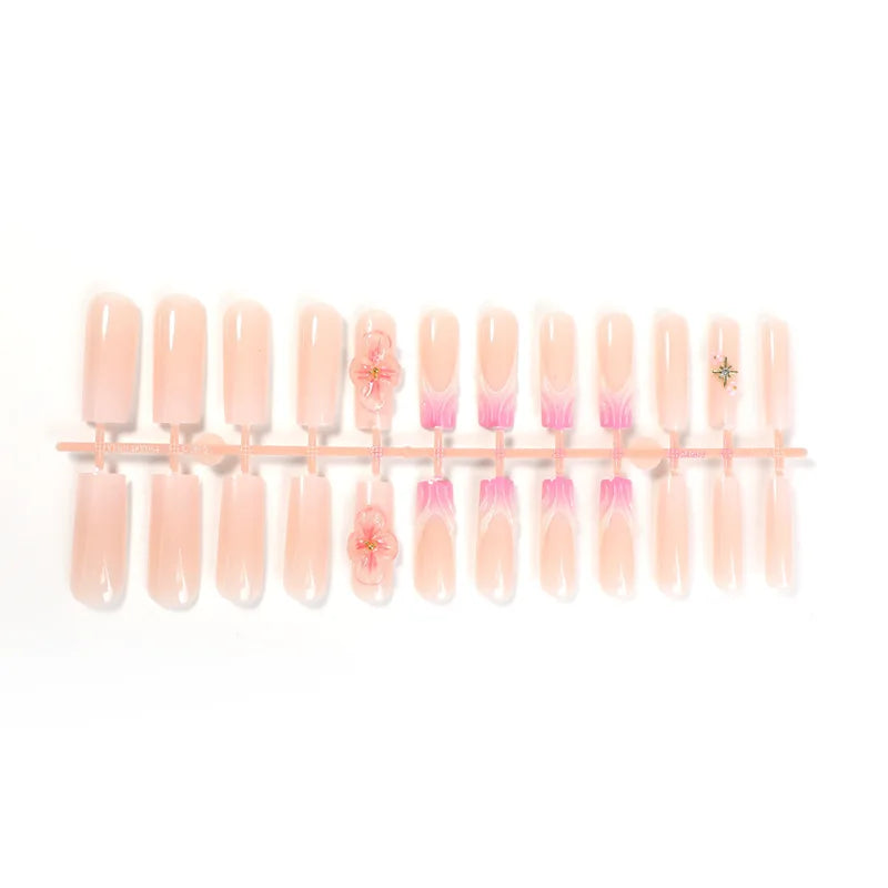 24pcs Long Ballet Fake Nail Tips Wearable Gradient Pink French Press On Nails With 3D Carving Flower Designs Sweet False Nails