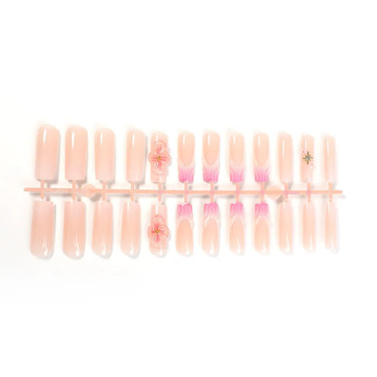 24pcs Long Ballet Fake Nail Tips Wearable Gradient Pink French Press On Nails With 3D Carving Flower Designs Sweet False Nails