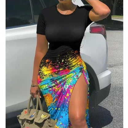 Trendy Printed Slim Bodycon Short Sleeves Drawstring Slit Midi Dresses