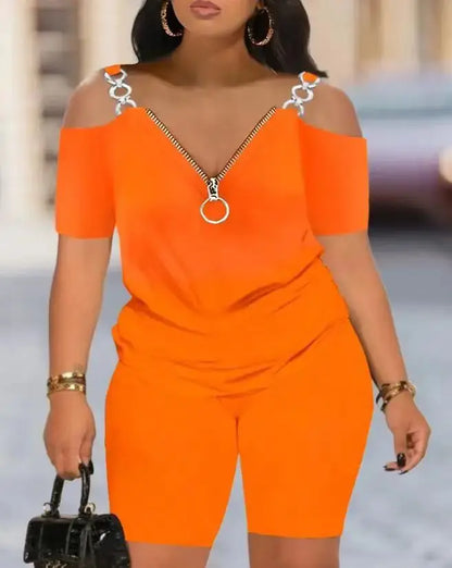 Metal Chain Off Shoulder Strap Tshirt + Short Sets
