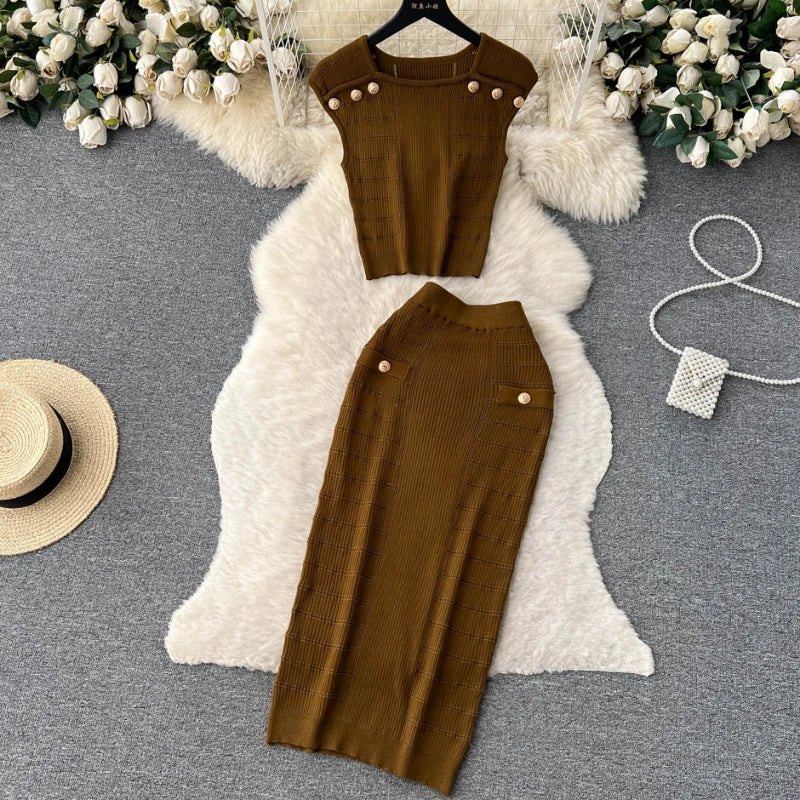 Knitted 2 Pcs. Buttons Crop Top Tanks + Slit Midi Skirt Set