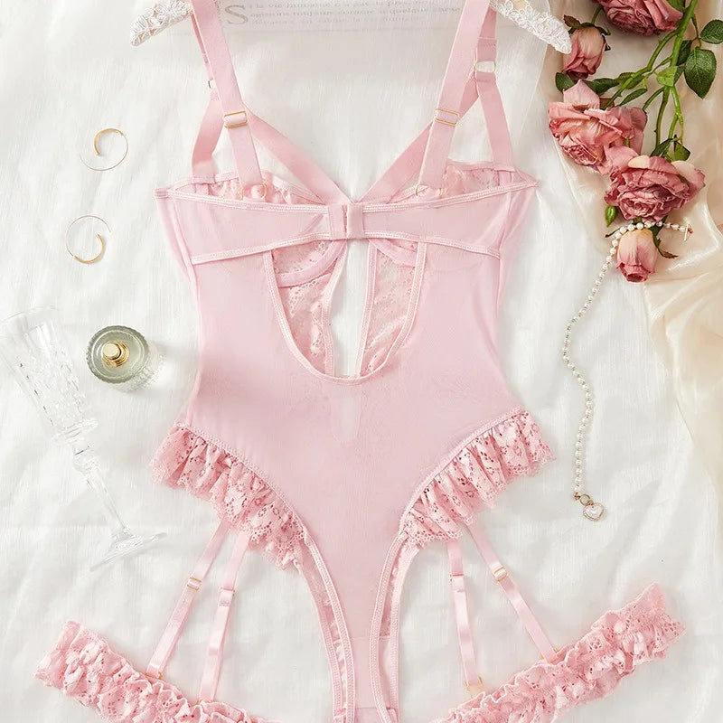 2pcs Red Floral Lace Garter Lingerie Set With Choker Underwire Bra And Thongs Ladies Underwear Set