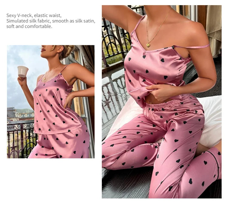 Satin Silk Cami Vest Shirt + Trouser Nightwear