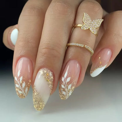24Pcs Autumn Winter Matte Almond False Nails with Glue Rose Leaf Printing Nail Art Simple Full Cover Press on Acrylic Nails Tips