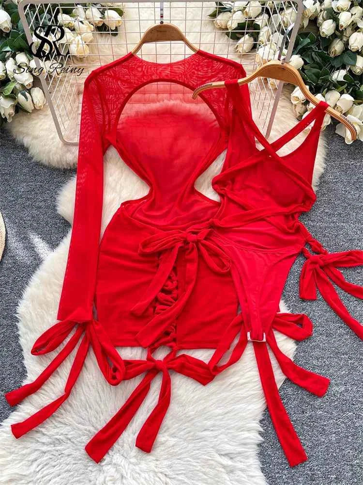 Split Swimwear Long Sleeves Hollow Out Mini Dress + Lace Up Bodysuits Sheer Vacation Bikini Sets
