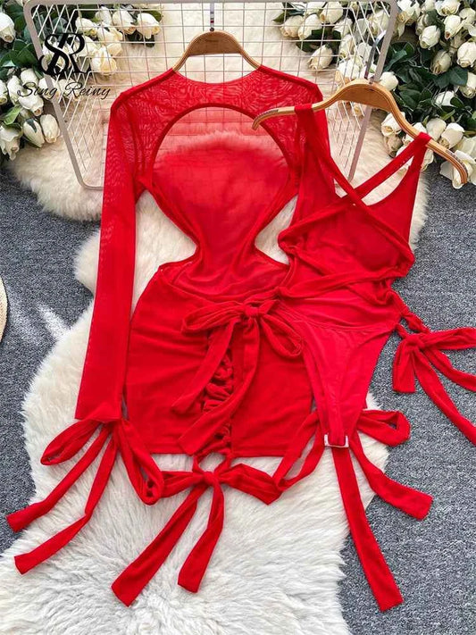 Split Swimwear Long Sleeves Hollow Out Mini Dress + Lace Up Bodysuits Sheer Vacation Bikini Sets
