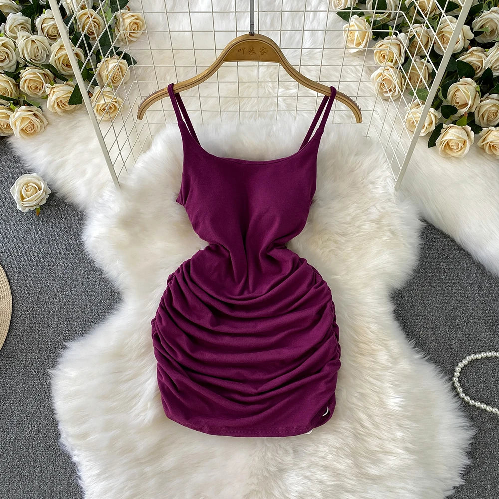 Spaghetti Strap Pleated Temperament Mini Dresses